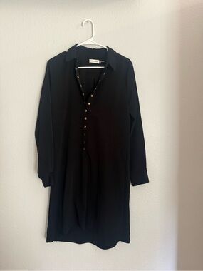 Calvin Klein Black Long-Sleeve Shirt Dress with Gold Buttons